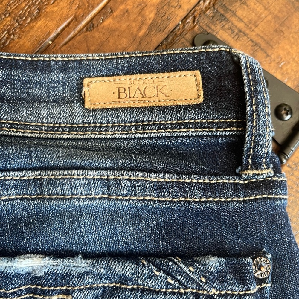 Buckle Distressed Dark Blue Skinny Jeans - Picture 3 of 5